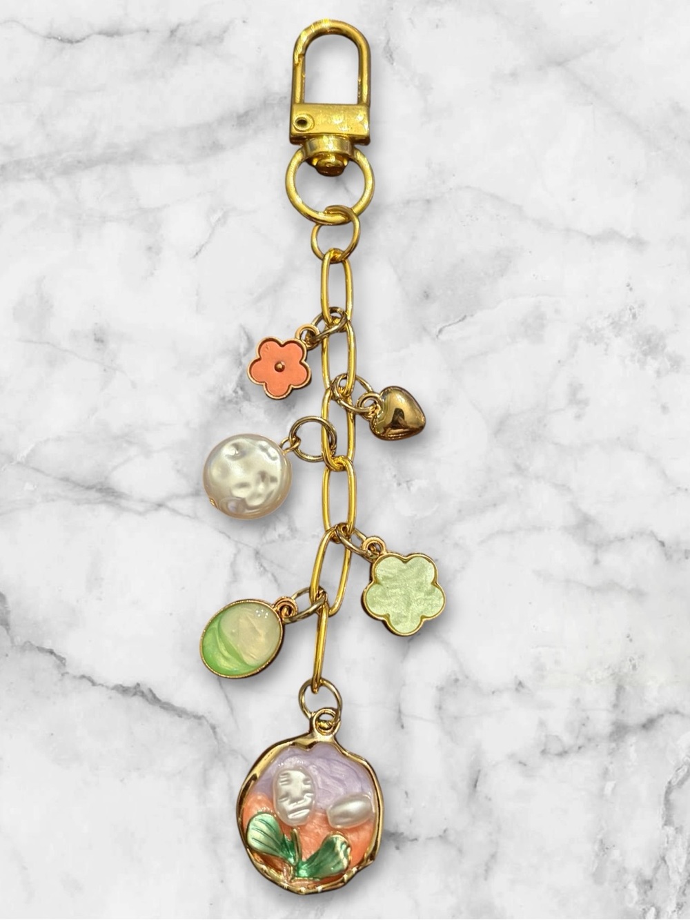 Gold-Tone Floral Charm Keychain with Coral & Mint Accents